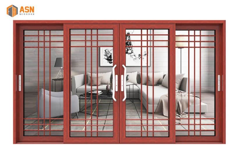 mẫu cửa nhôm kính 4 cánh vân gỗ