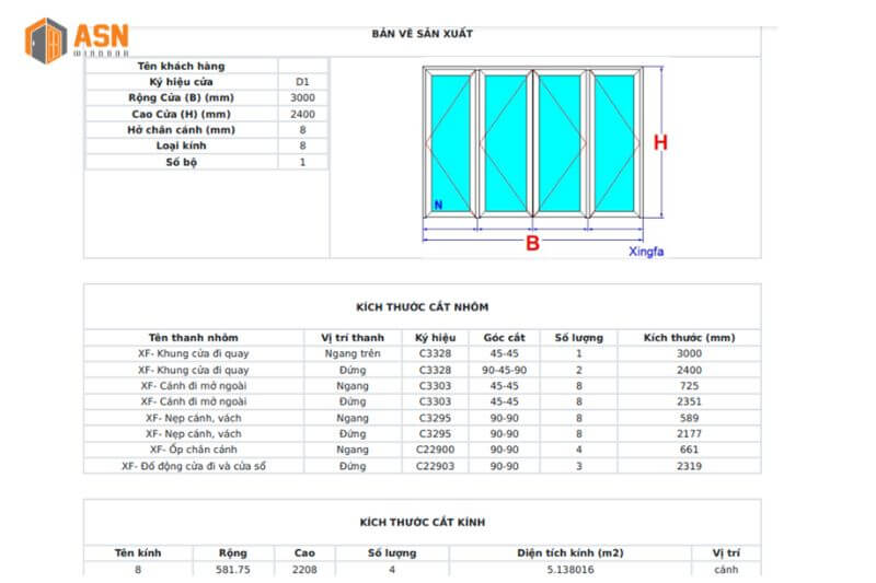 cách trừ cửa đi 4 cánh hệ 55