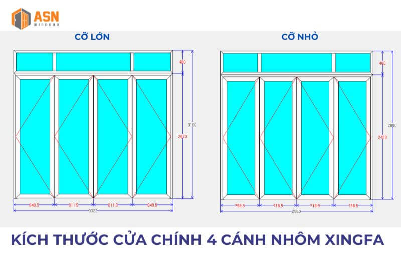 Công thức trừ cửa lùa 4 cánh hệ 55
