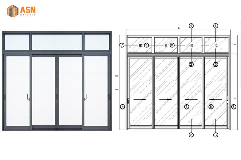 Công thức trừ cửa lùa 4 cánh hệ 55