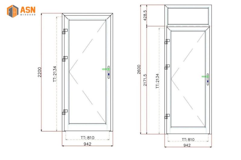 kích thước cửa phòng ngủ 1 cánh nhôm xingfa